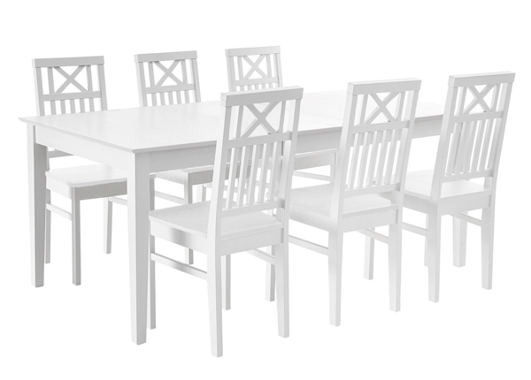 Koivu ruokailuryhmä Florence, pöytä 140-180x90 cm + 6 tuolia, valkoinen