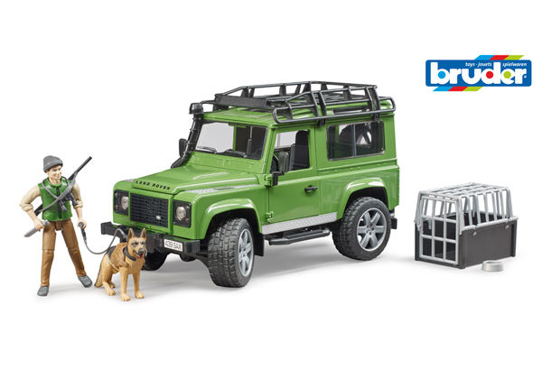 Land Rover Defender jahimehe ja koeraga 1:16 Bruder