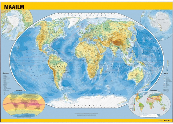 Maailman yleinen maantieteellinen seinäkartta 150 x 105 cm