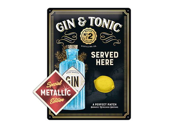 Retro metallitaulu Gin Tonic Served Here Metallic 30x40 cm