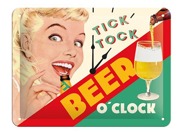 Retro metallitaulu Tick, tock Beer oclock 15x20 cm