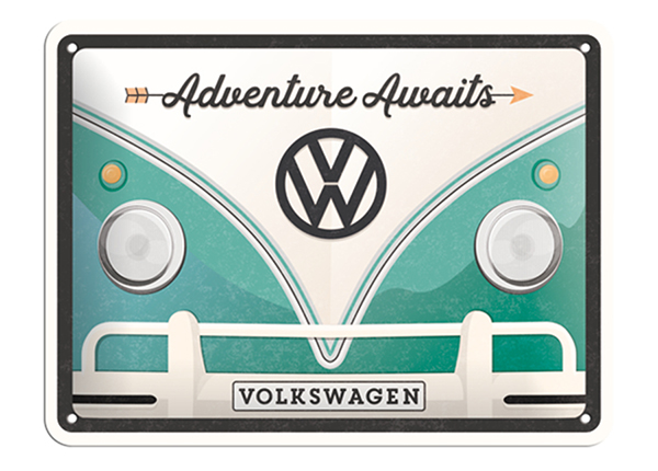 Retro metallitaulu VW Bulli Adventure Awaits 15x20 cm