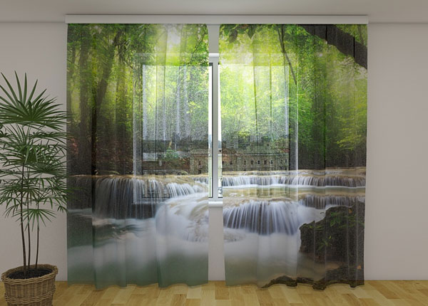 Šifoon-fotokardin Waterfall in spring Forest 240x220 cm
