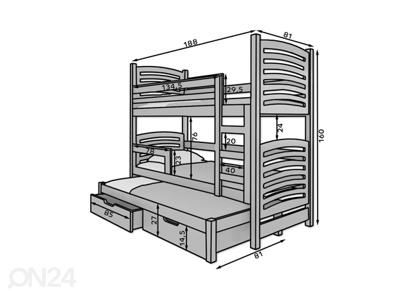 3-местная двухъярусная кровать Lena I 75x180 cm размеры