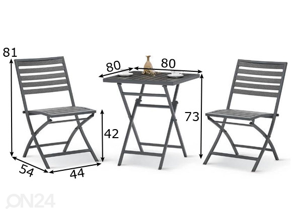 Aiamööbel Pudong laud + 2 tooli mõõdud