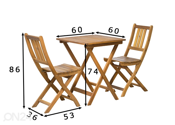 Aiamööbli komplekt laud + 2 tooli, akaatsia mõõdud