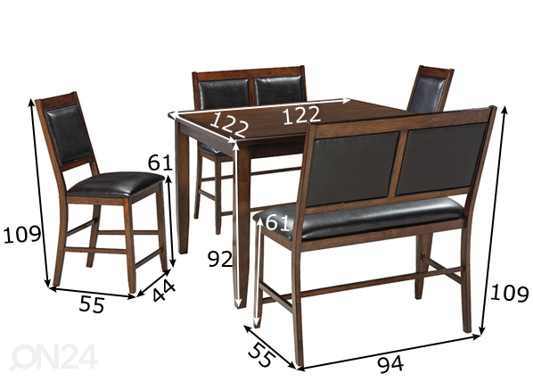 Baarilaud 122x122 cm + 2 tooli ja 2 pinki mõõdud