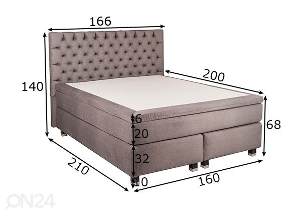 Comfort voodi Hypnos Aphrodite 160x200 cm Buckingham otsaga (kärgpocket, memoryfoam) mõõdud