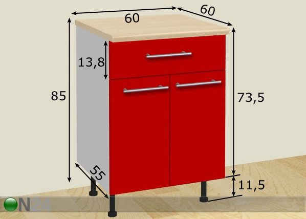 Kahe ukse ja sahtliga köögikapp 60 cm mõõdud
