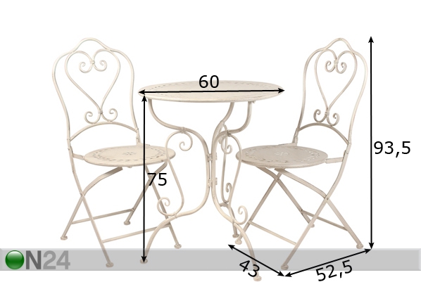 Komplekt Valencia laud +2 tooli mõõdud