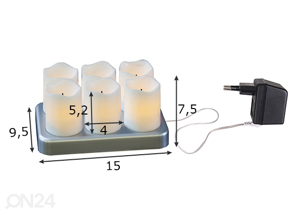 LED küünalde komplekt Chargeme 6 tk, valge mõõdud