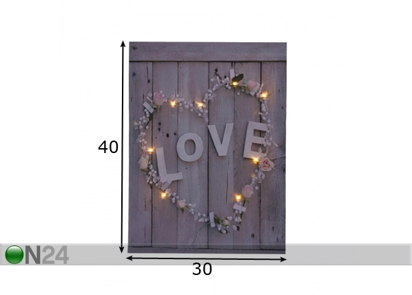 LED pilt Love & Flower Heart 30x40 cm mõõdud