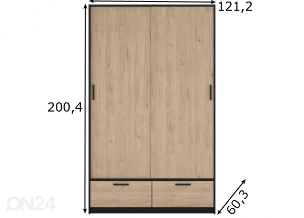 Lükandustega riidekapp Line 121 cm, hickory/must mõõdud
