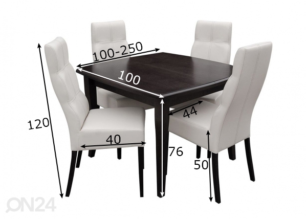 Pikendatav söögilaud 100x100-250 cm + 4 tooli mõõdud