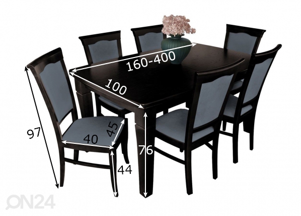 Pikendatav söögilaud 100x160-400 cm + 6 tooli mõõdud
