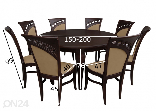 Pikendatav söögilaud 150x150-200 cm + 8 tooli mõõdud