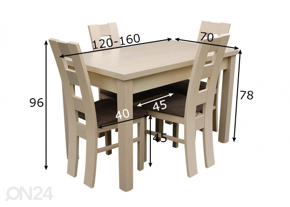 Pikendatav söögilaud 70x120-160 cm + 4 tooli mõõdud