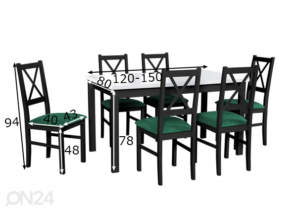Pikendatav söögilaud 80x120-150 cm + 6 tooli mõõdud