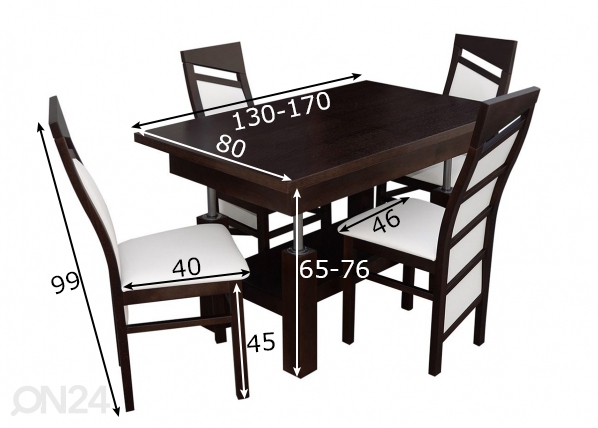Pikendatav söögilaud 80x130-170 cm + 4 tooli mõõdud