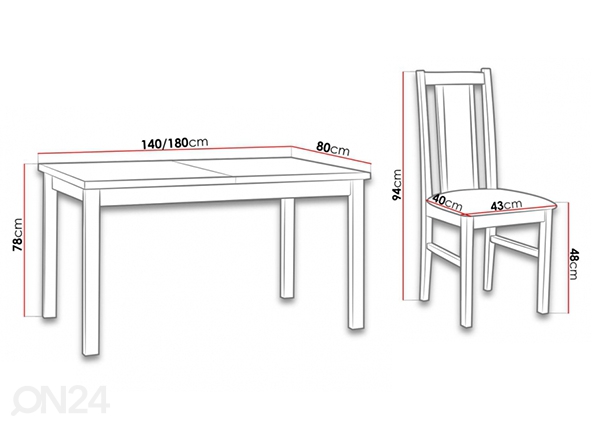 Pikendatav söögilaud 80x140-180 cm + 6 tooli mõõdud