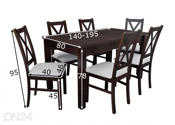 Pikendatav söögilaud 80x140-195 cm + 6 tooli mõõdud