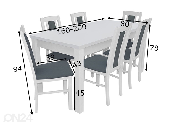 Pikendatav söögilaud 80x160-200 cm + 6 tooli mõõdud