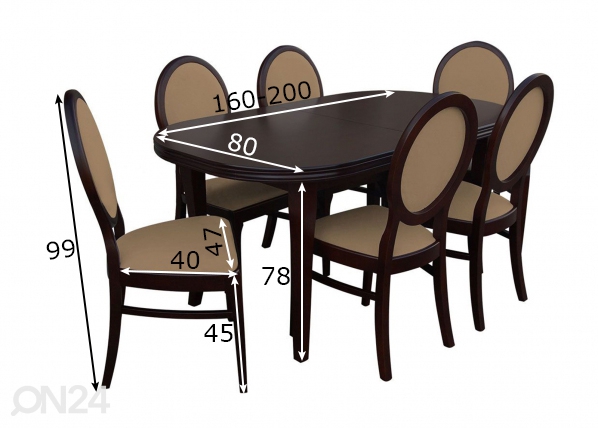 Pikendatav söögilaud 80x160-200 cm+ 6 tooli mõõdud