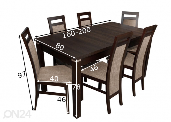 Pikendatav söögilaud 80x160-200 cm + 6 tooli mõõdud