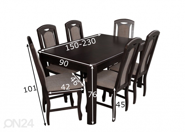 Pikendatav söögilaud 90x150-230 cm + 6 tooli mõõdud