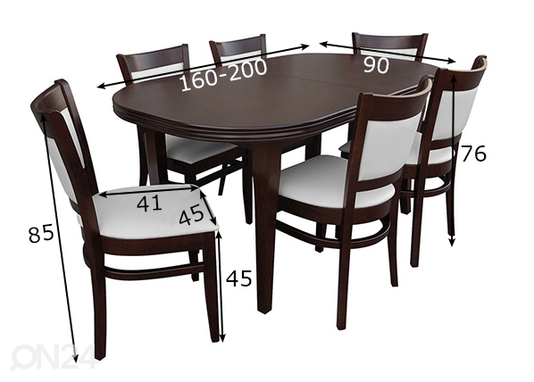 Pikendatav söögilaud 90x160-200 cm + 6 tooli mõõdud