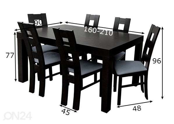 Pikendatav söögilaud 90x160-210 cm + 6 tooli mõõdud
