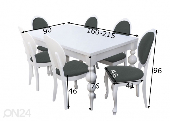 Pikendatav söögilaud 90x160-215 cm + 6 tooli mõõdud