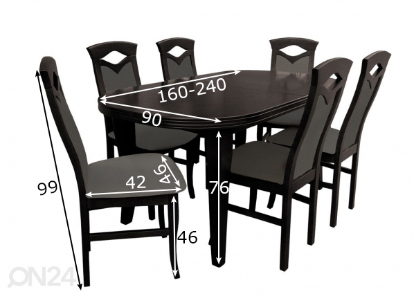 Pikendatav söögilaud 90x160-240 cm + 6 tooli mõõdud