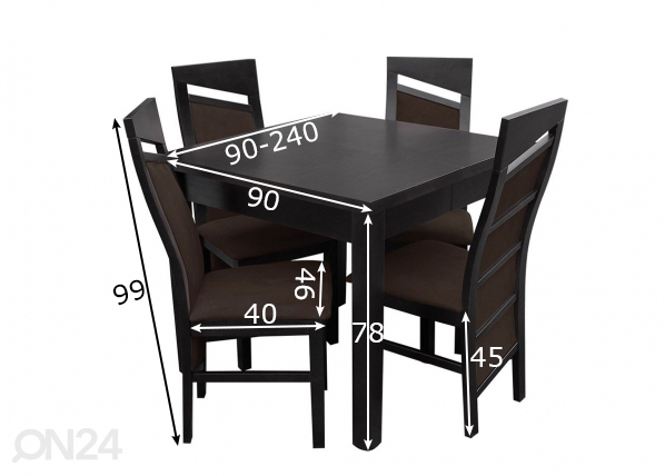 Pikendatav söögilaud 90x90-240 cm + 4 tooli mõõdud