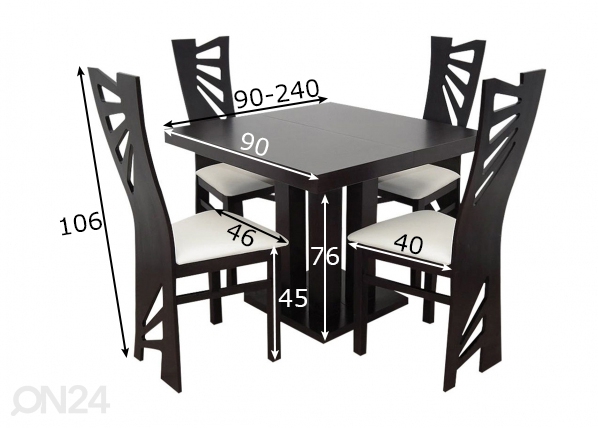 Pikendatav söögilaud 90x90-240 cm+ 4 tooli mõõdud
