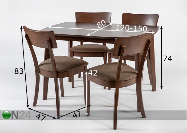 Pikendatav söögilaud Bari 80x120-150 cm + 4 tooli Lucca, hele wenge mõõdud