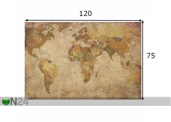 Puidul pilt, World Map, 75 x 120 cm mõõdud