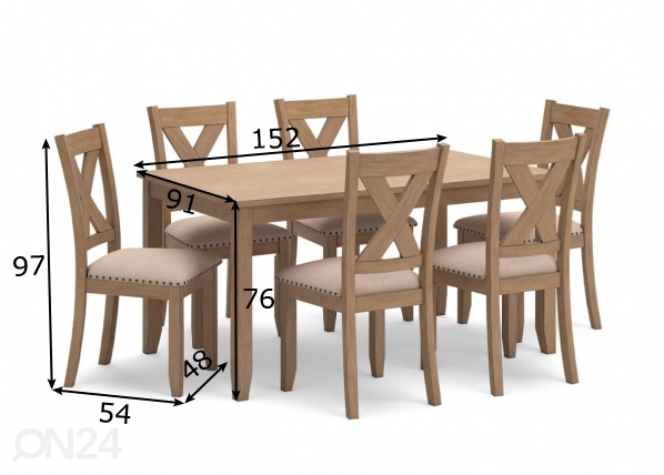 Söögilaud 152x91 cm + 6 tooli mõõdud