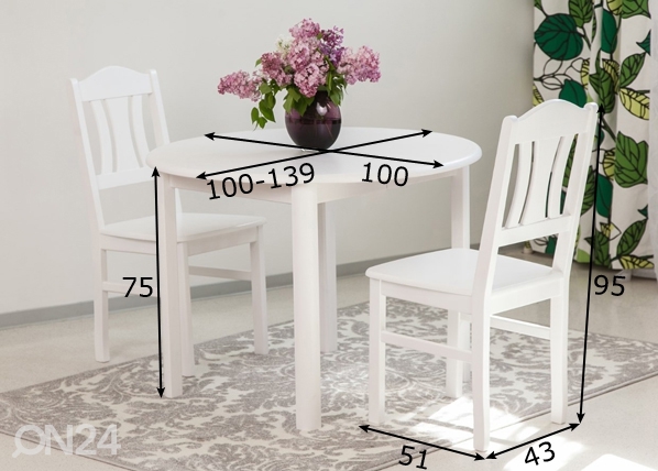 Söögitoakomplekt 100x100-139 cm + toolid Per 2tk, valge mõõdud