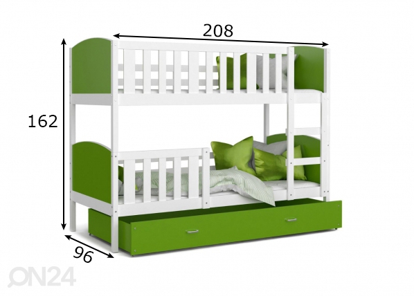 Двухъярусная кровать 90x200 cm, белый/зелёный размеры