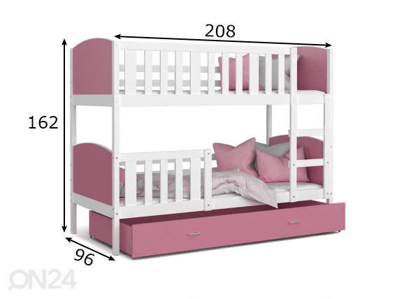 Двухъярусная кровать 90x200 cm, белый/розовый размеры