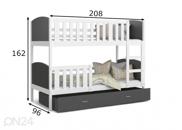 Двухъярусная кровать 90x200 cm, белый/серый размеры