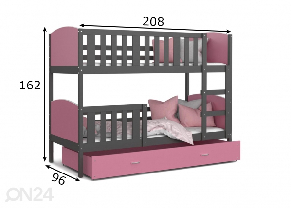 Двухъярусная кровать 90x200 cm, серый/розовый размеры