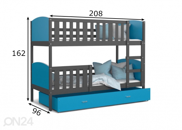 Двухъярусная кровать 90x200 cm, серый/синий размеры