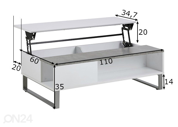 Журнальный столик с поднимающейся панелью Azalea размеры