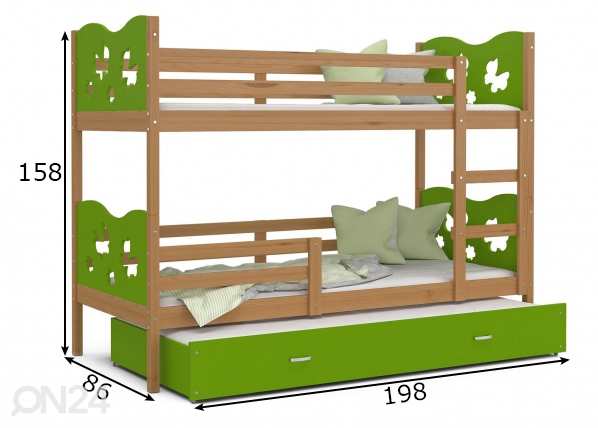 Комплект двухъярусной кровати 80x190 cm, ольха/зелёный размеры