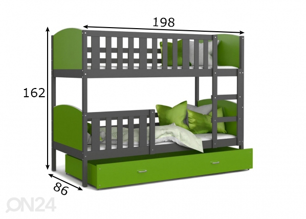 Комплект двухъярусной кровати 80x190 cm, серый/зелёный размеры