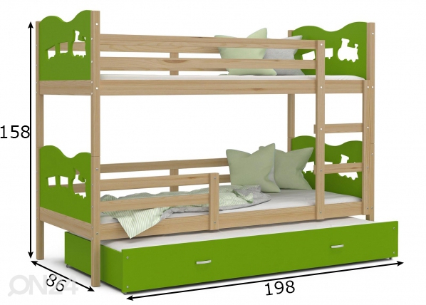 Комплект двухъярусной кровати 80x190 cm, сонома/зелёный размеры
