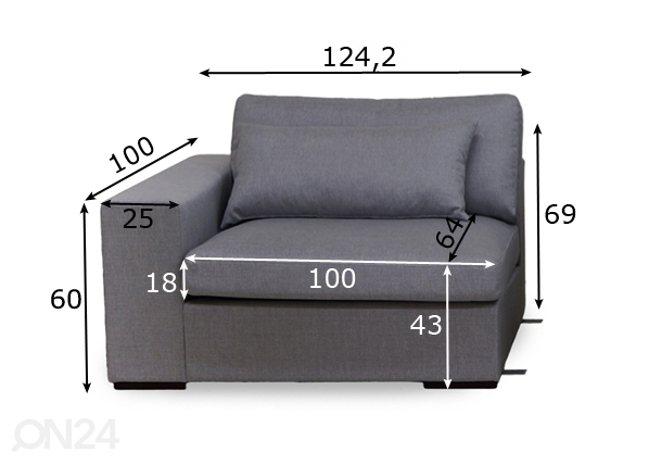 Модуль дивана с подлокотником Comforto XL 124,2 cm размеры