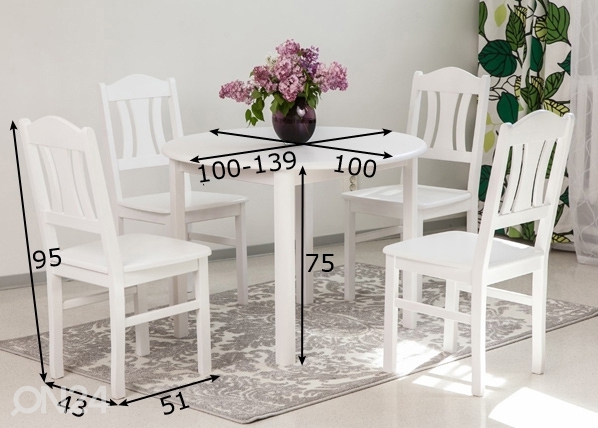 Обеденный комплект 100x100-139 cm + стулья Per 4шт, белый размеры
